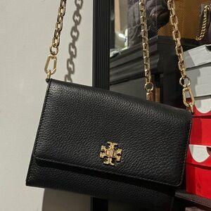 Tory Burch Black Pebbled Leather Chain-Strap Crossbody with Gold Logo
